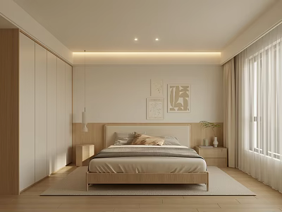 Modern Minimalist Bedroom Interior With Wooden Bed Decorative Paintings Built in Wardrobes And Ceiling Lighting 3d model