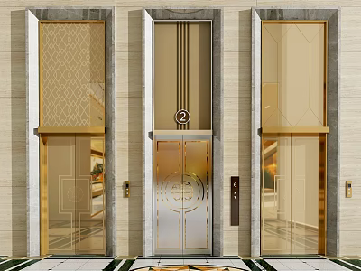 Public Facility Modern Elevator Doors With Marble Walls And Gold Silver Patterns 3d model