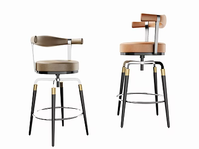 Modern Bar Stools With Wooden Backrest Padded Seat Black Metal Legs And Gold Accents 3d model