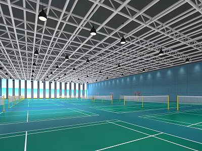 Spacious Indoor Badminton Court With Green Flooring Multiple Courts And Blue Walls 3d model