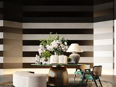Modern Functional Table with Flower Vase Open Books Lamp and Green Chair by Striped Wall 3d model
