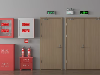 Fire Safety Equipment With Red Hydrant Cabinets Extinguishers And Exit Doors 3d model