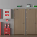 Fire Safety Equipment With Red Hydrant Cabinets Extinguishers And Exit Doors 3d model
