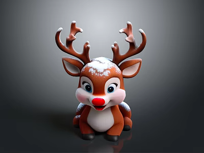 Cute Christmas Reindeer Figurine With Brown Antlers Red Nose And Snow Covered Details 3d model