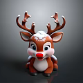 Cute Christmas Reindeer Figurine With Brown Antlers Red Nose And Snow Covered Details