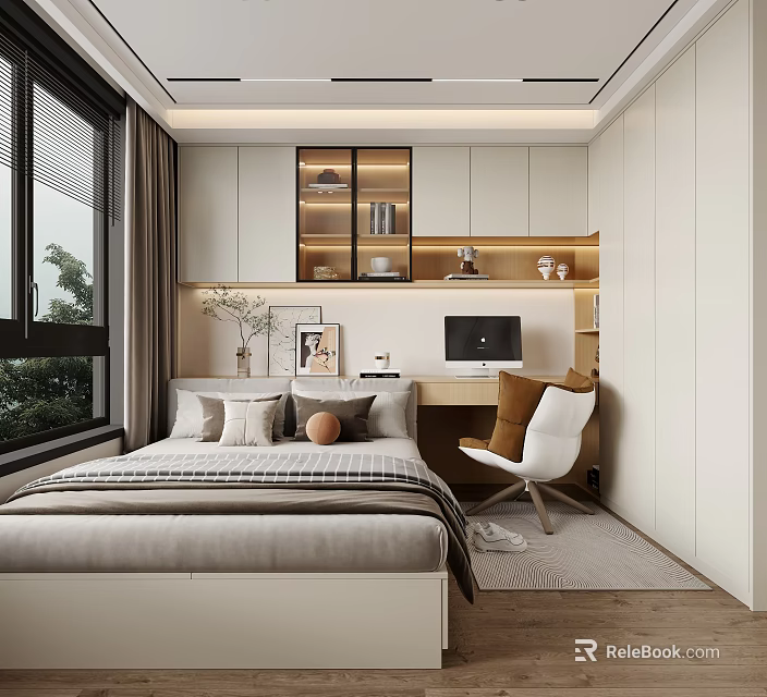 Modern Tatami Bedroom Interior With Bed Desk Computer Chair Open Storage Shelves And Natural Light 3d model 