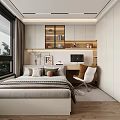 Modern Tatami Bedroom Interior With Bed Desk Computer Chair Open Storage Shelves And Natural Light