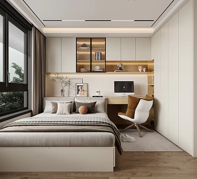 Modern Tatami Bedroom Interior With Bed Desk Computer Chair Open Storage Shelves And Natural Light 3d model