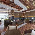 Modern Café Interior Design With Large Windows Wooden Ceiling And Cozy Seating Area