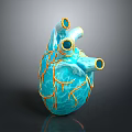 Human Heart 3D Rendered Blue With Yellow Vascular Texture Detailed Anatomical Chest Organ