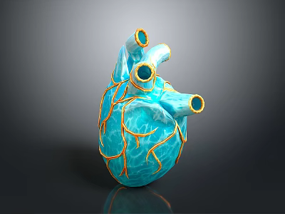 Human Heart 3D Rendered Blue With Yellow Vascular Texture Detailed Anatomical Chest Organ 3d model