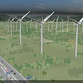 Wind Turbines in Green Landscape With Surrounding Trees Highway and Mountainous Background