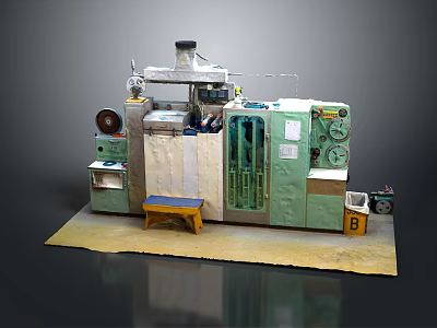 Industrial Processing Equipment With Green White Casing Control Knobs Pipes Yellow Stool And Platform 3d model