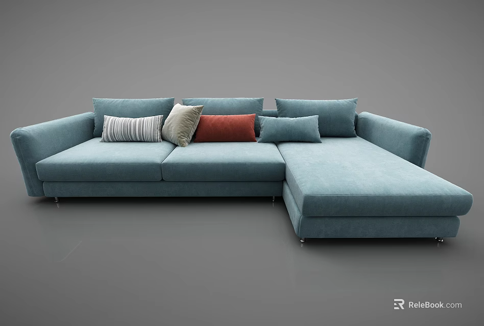 Light Blue Modern Sectional Sofa With Decorative Cushions And Chaise Lounge 3d model