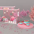 Romantic Cherry Blossom Decorative Pavilion With Pink Lanterns Umbrellas And Trees