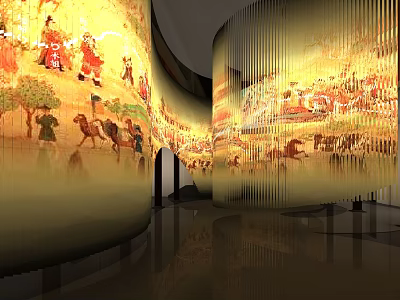 Cultural Center Exhibition Hall with Ancient Figure Camel Tree Murals and Hanging Strip Decorations 3d model