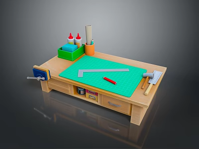 Kids Workbench With Green Mat Hammer Ruler And Craft Supplies On Wooden Surface 3d model