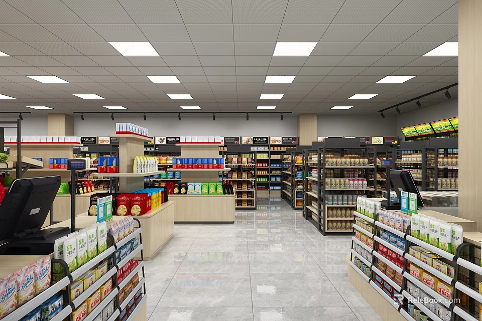 Bright Supermarket Interior With Neatly Arranged Shelves Stocked Full Of Grocery And Household Products 3d model 