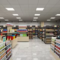 Bright Supermarket Interior With Neatly Arranged Shelves Stocked Full Of Grocery And Household Products