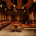 Cozy Bar Interior Featuring Decorative Rugs Wooden Tables Sound Equipment And Beverage Coolers