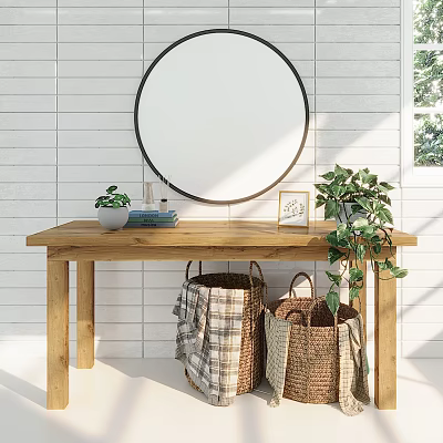 Stylish Wooden Bathroom Vanity With Round Mirror White Brick Wall Woven Baskets And Potted Plant 3d model