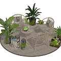 Outdoor Rattan Table And Chair Set With Green Plants On Wooden Deck