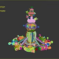 Rotating Amusement Ride Building with Central Tower MOON STAR Sign Yellow Cars and Blue Accents