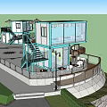 Two Story Container Building With Glass Windows Ocean View Seaside Outdoor Sun Loungers Parasol