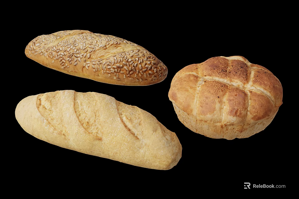 Assorted Fresh Bread Varieties Including Sesame Loaf And Round Cross Pattern Loaf 3d model 