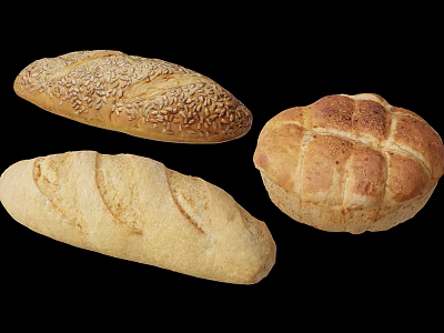 Assorted Fresh Bread Varieties Including Sesame Loaf And Round Cross Pattern Loaf 3d model