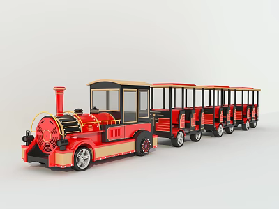 Red Small Toy Train With Multiple Carriages And Black Gold Decorative Details 3d model