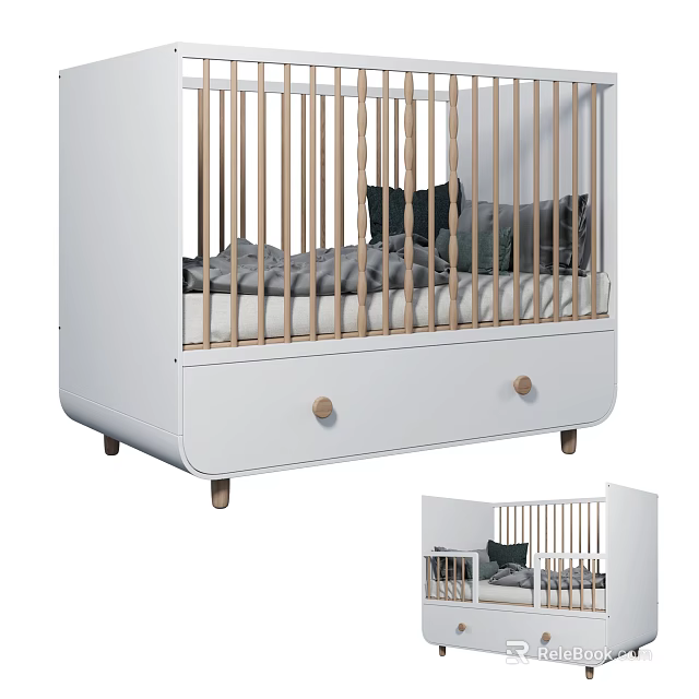 Modern White Baby Crib With Wooden Railings Drawer Storage And Gray Bedding 3d model 