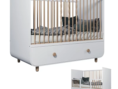 Modern White Baby Crib With Wooden Railings Drawer Storage And Gray Bedding 3d model