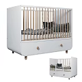 Modern White Baby Crib With Wooden Railings Drawer Storage And Gray Bedding