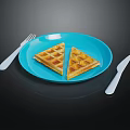 Blue Plate With Two Waffles And White Fork Knife On Black Background 3d model