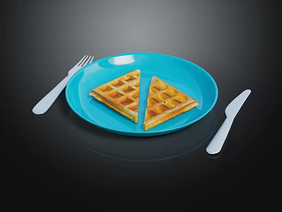 Blue Plate With Two Waffles And White Fork Knife On Black Background 3d model