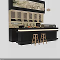 Japanese Wooden Bar Counter Interior With Wine Racks Hanging Lights And Stools