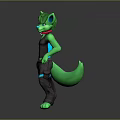 Green Fur Anthropomorphic Wolf Character With Gray Tank Top Dark Pants And Blue Lines