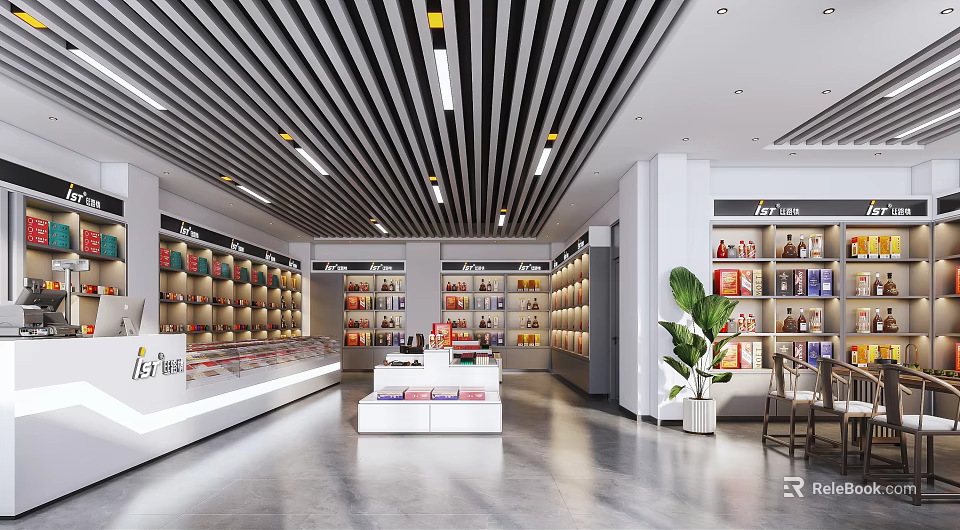 Tobacco and Alcohol Store Interior with Shelves Display Counter and Green Plant 3d model 