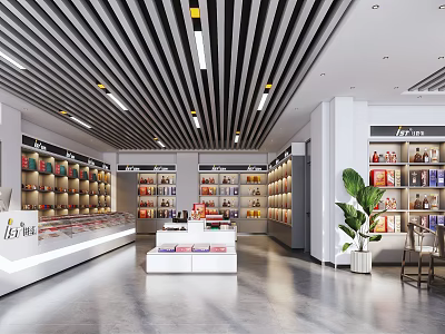 Tobacco and Alcohol Store Interior with Shelves Display Counter and Green Plant 3d model