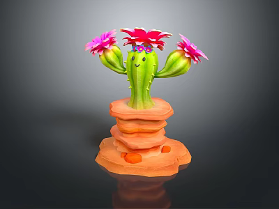 Green Cactus with Pink and Red Flowers on Orange Layered Stone Base 3d model