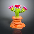Green Cactus with Pink and Red Flowers on Orange Layered Stone Base