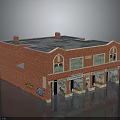 Red Brick Commercial Building With Multiple Storefronts Arched Windows And Flat Roof 3d model