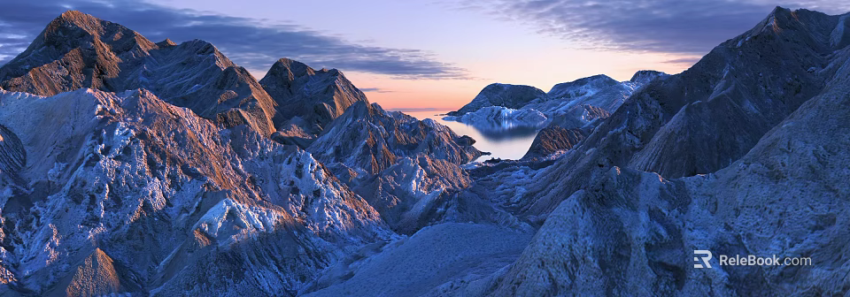 Breathtaking Garden Landscape With Snow Covered Mountains Rocky Terrain Calm Lake And Sunset Sky 3d model 