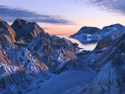 Breathtaking Garden Landscape With Snow Covered Mountains Rocky Terrain Calm Lake And Sunset Sky 3d model