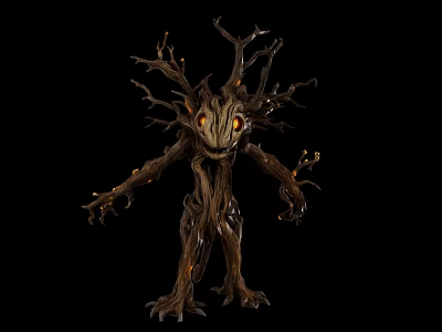 Magical Fantasy Tree Creature with Glowing Eyes Wooden Body and Branch Arms 3d model