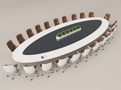 Oval Conference Table With Black Tabletop White Edge And Green Plants Surrounded By Chairs 3d model