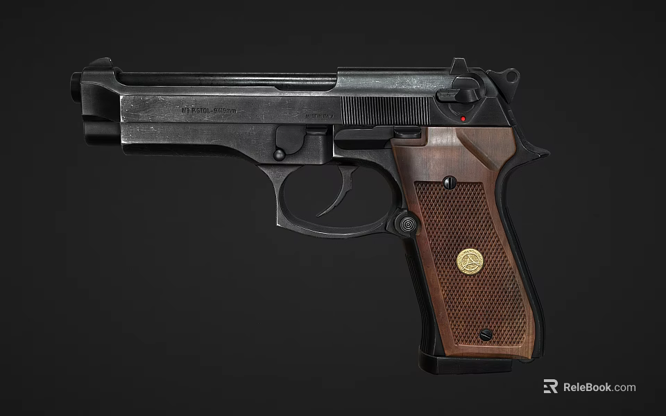 Vintage Pistol Featuring Classic Design Metal Frame And Wooden Textured Grip With Emblem 3d model 