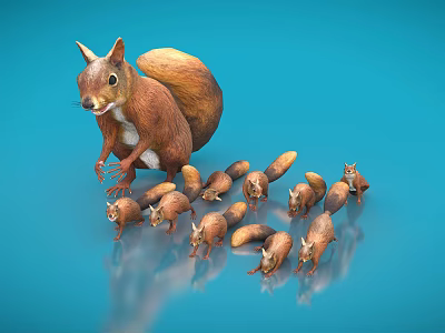 Adorable Large Squirrel with Group of Small Baby Squirrels on Blue Background 3d model