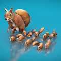 Adorable Large Squirrel with Group of Small Baby Squirrels on Blue Background